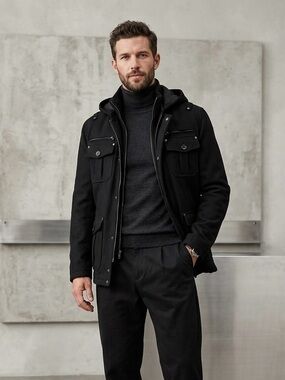 Guess Men's Wool Blend Heavy Hooded Field Jacket Black Medium